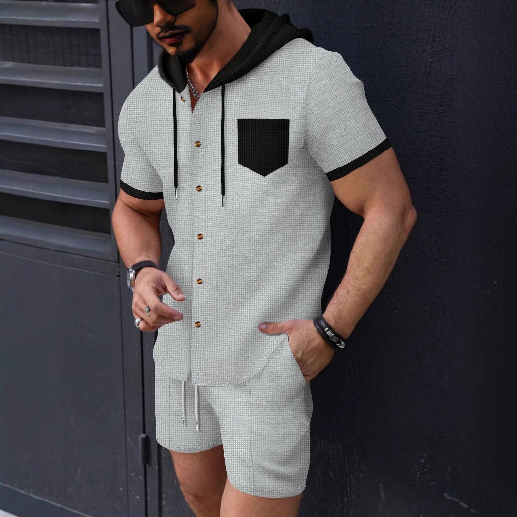 Men's fashionable short-sleeve shirt with matching shorts and practical hooded design Lisslune