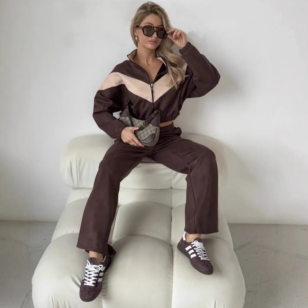 Women's sporty fleece set with high collar zipper and loose fit Lisslune