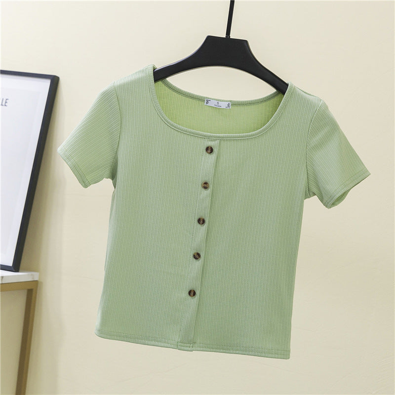 Women's short-sleeve shirt with decorative button placket and modern ribbed knit Lisslune