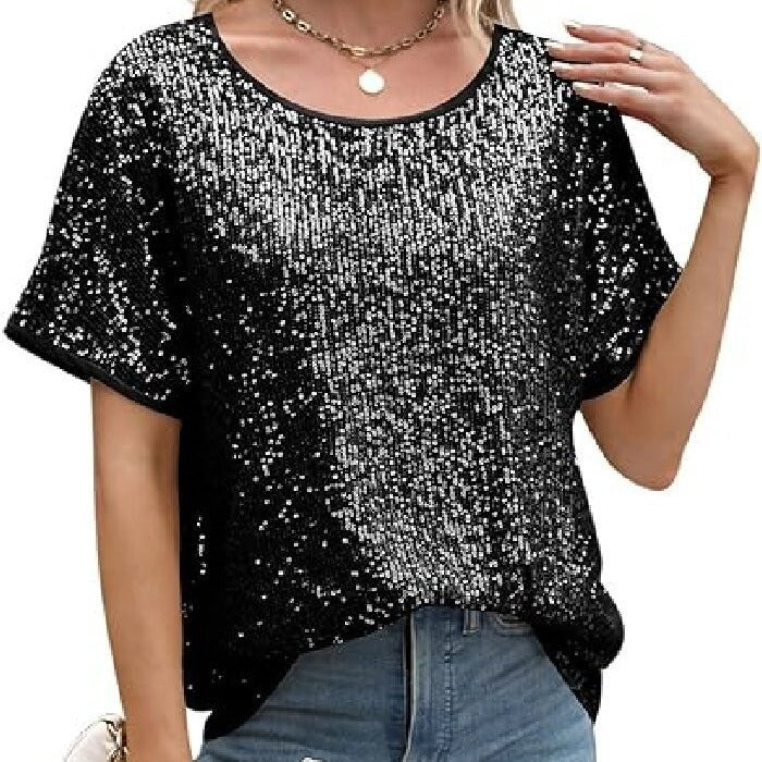 Women Glamorous Sequin Top with Wide Sleeves and Loose Fit Lisslune