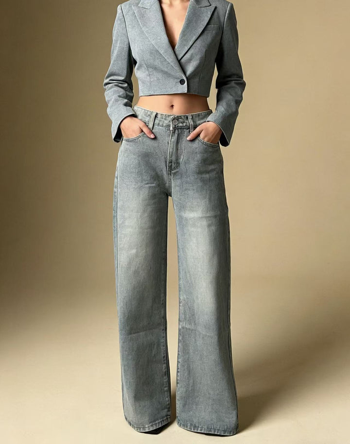 Damen weite Denim-Hose mit Vintage-Waschung und hoch geschnittenem Bund Lisslune