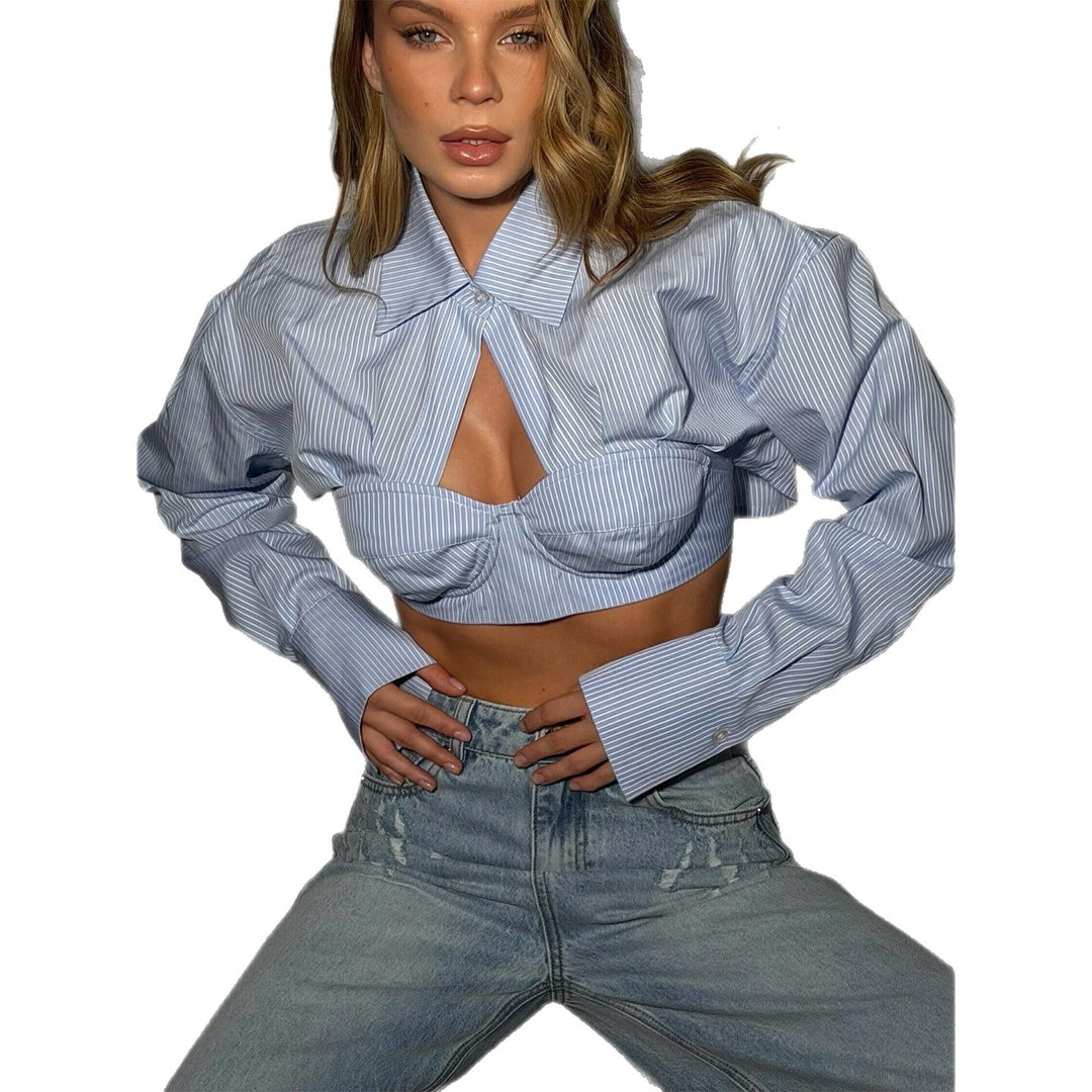 Women's Cropped Shirt Blouse with Innovative Design and Voluminous Sleeves Lisslune