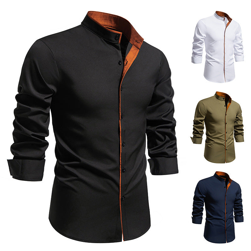 Men's long sleeve shirt with modern stand-up collar and embroidered detail Lisslune