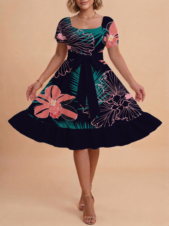 Women A-line dress with floral motifs and adjustable belt Lisslune