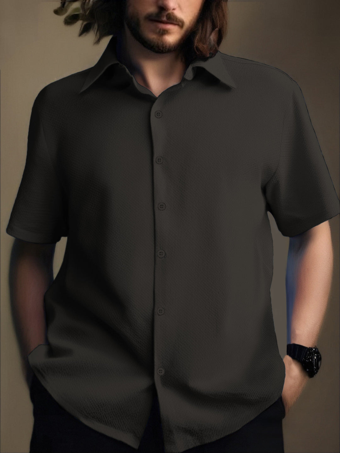Men's Short Sleeve Shirt with Textured Fabric and Modern Details Lisslune