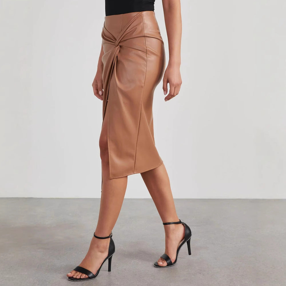 Women's synthetic leather skirt with asymmetrical cut and decorative knot Lune London
