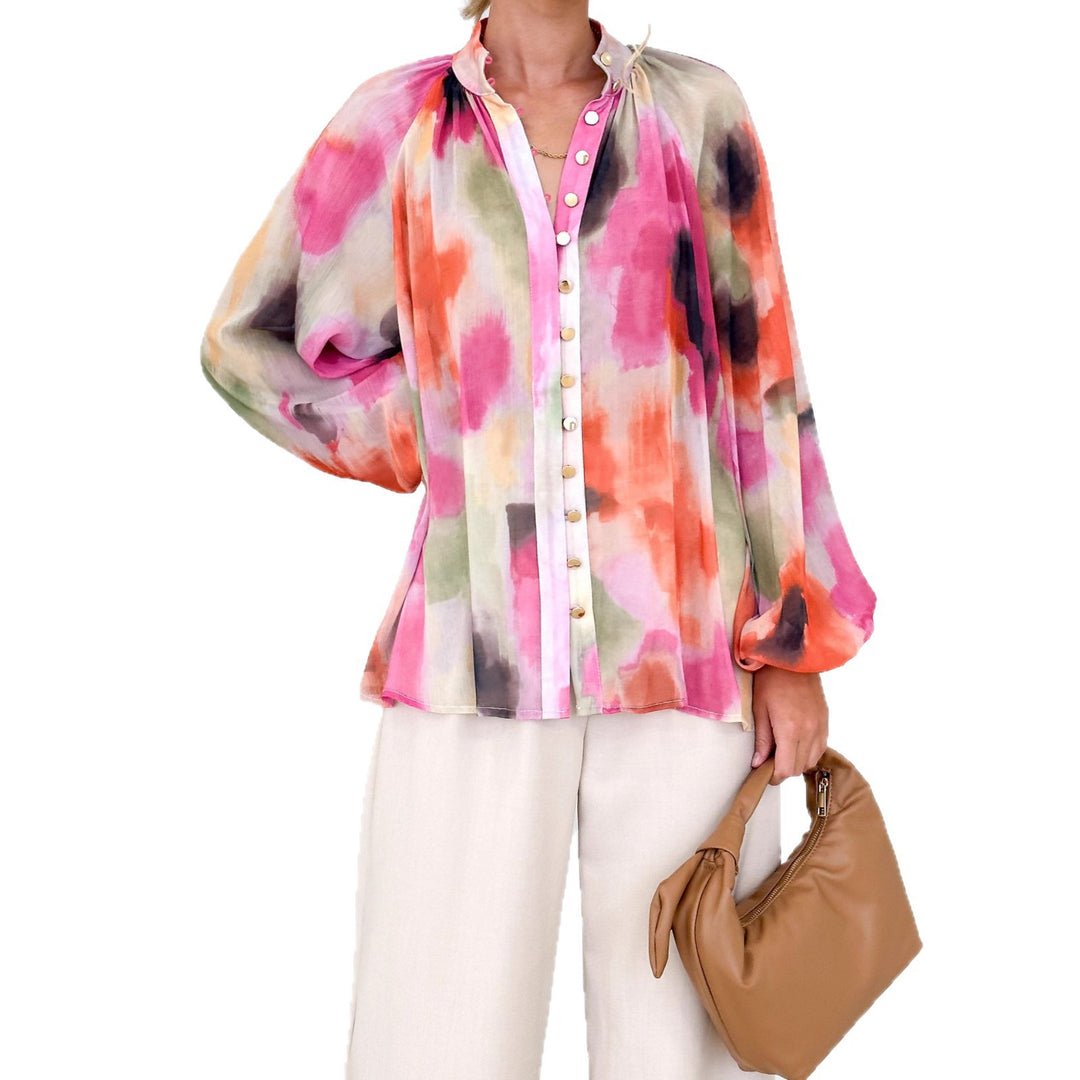 Ladies Transparent Blouse with Balloon Sleeves and Floral Print Lisslune