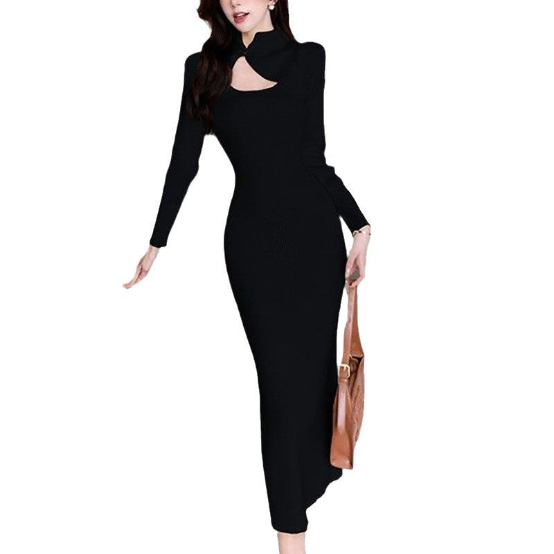 Women's elegant midi dress with asymmetrical cut-out design and textured knit