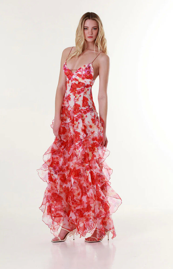 Ladies Flowing Chiffon Maxi Dress with Ruffle Details and Floral Accents Lisslune