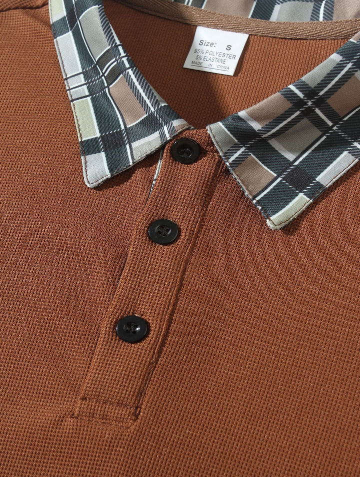 Men's Long Sleeve Polo Shirt with Fashionable Check Collar Lisslune