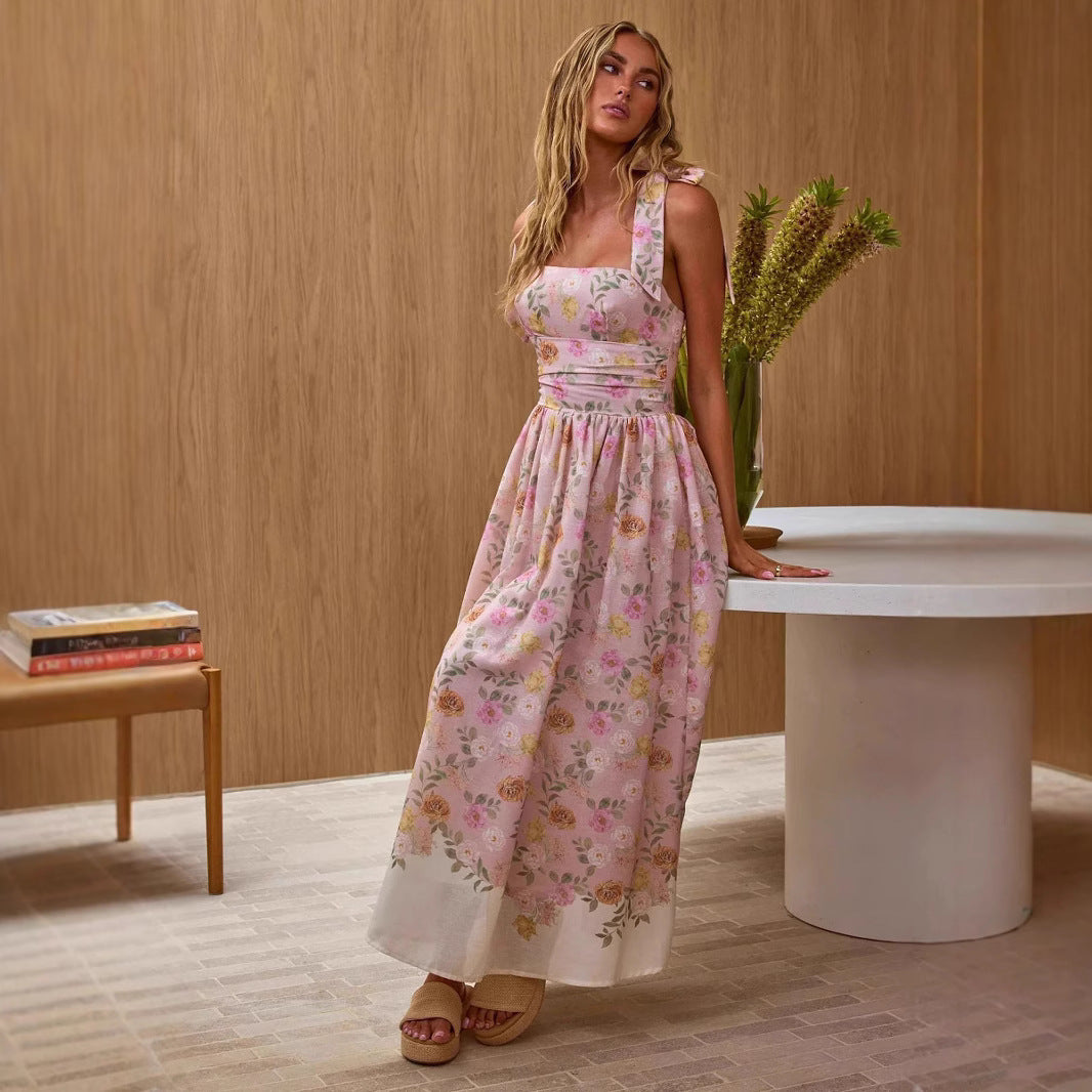 Women's maxi dress with floral accents and adjustable spaghetti straps Lune London