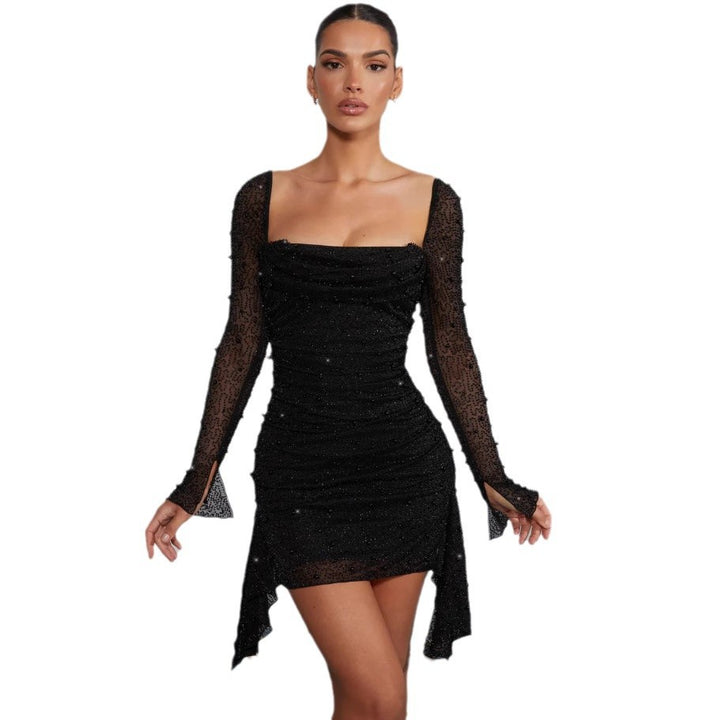 Ladies functional dress with sophisticated draping and delicate pearl embellishment