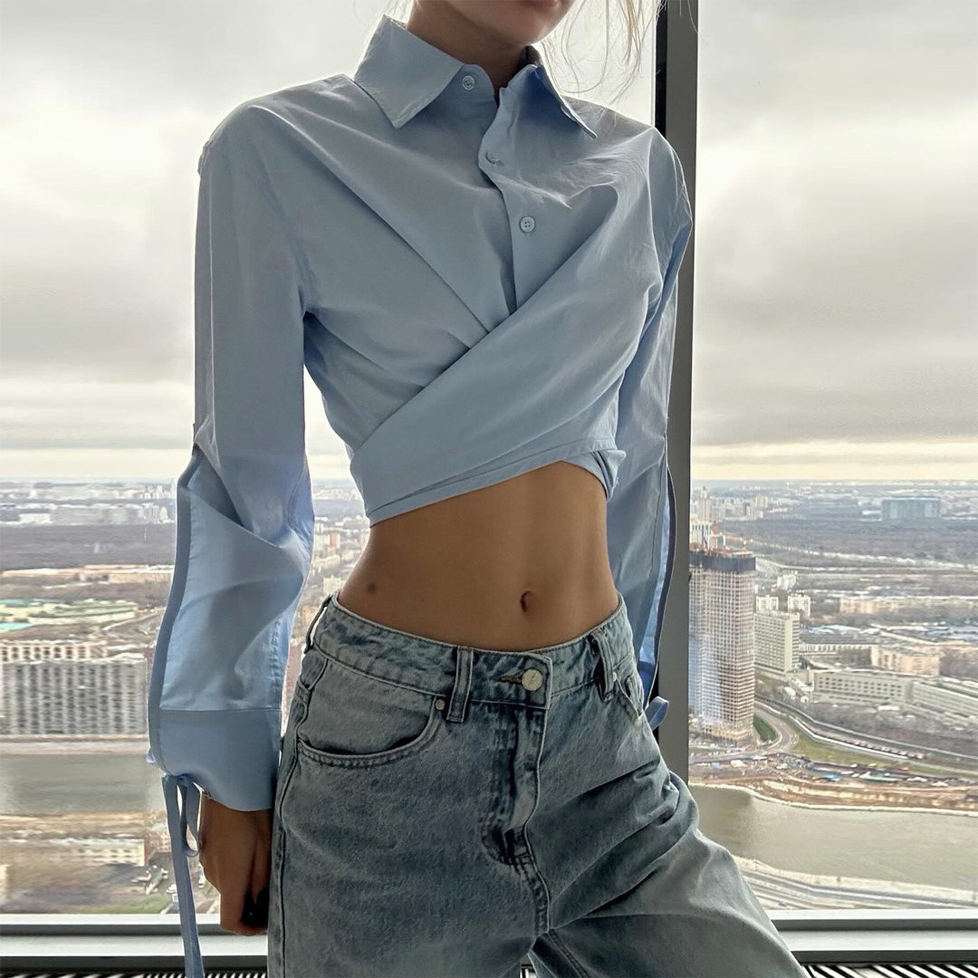 Ladies Cropped Shirt Blouse with Innovative Wrap Design and Long Sleeves Lisslune