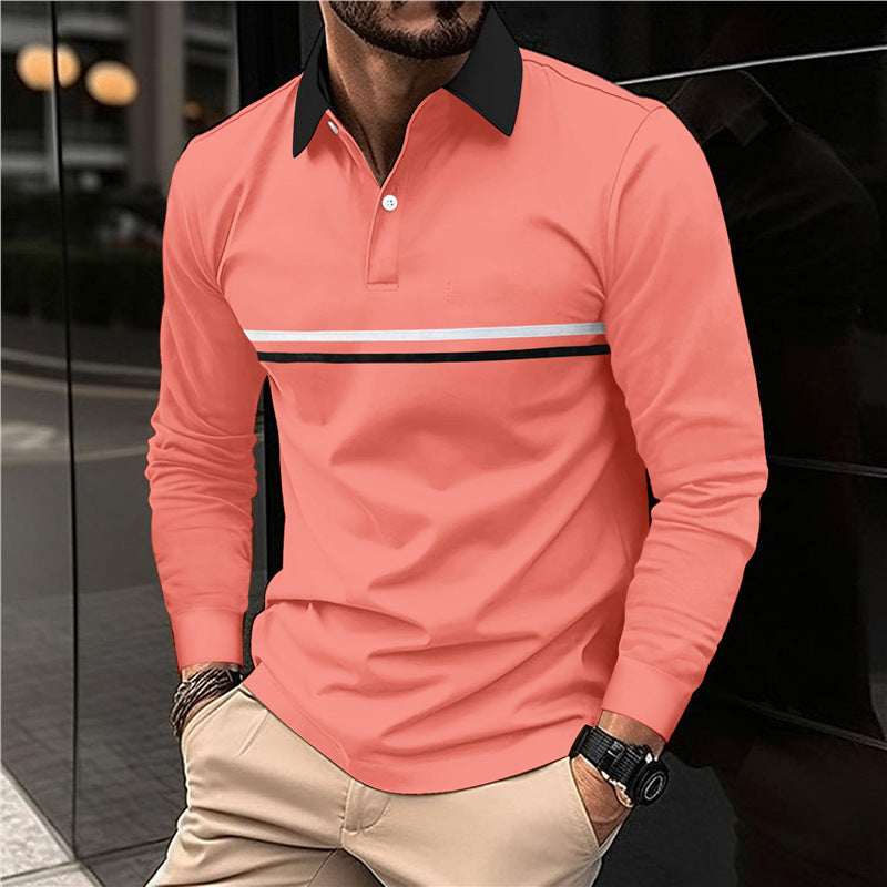 Men's Long Sleeve Polo Shirt with Modern Stripe Pattern Lisslune