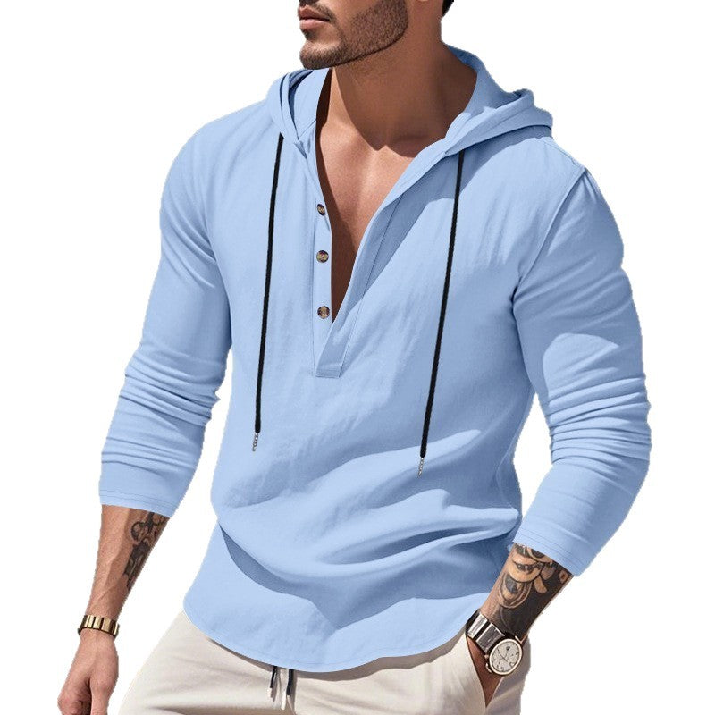 Men's Long Sleeve Hooded Shirt with Fashionable Button Placket Design Lisslune