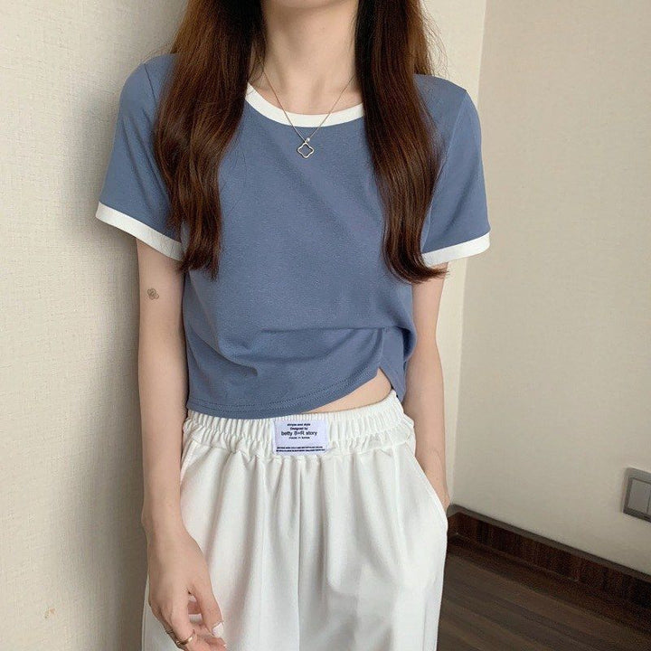 Women Short Sleeve T-Shirt with Contrasting Finishes and Lightweight Cotton Fabric