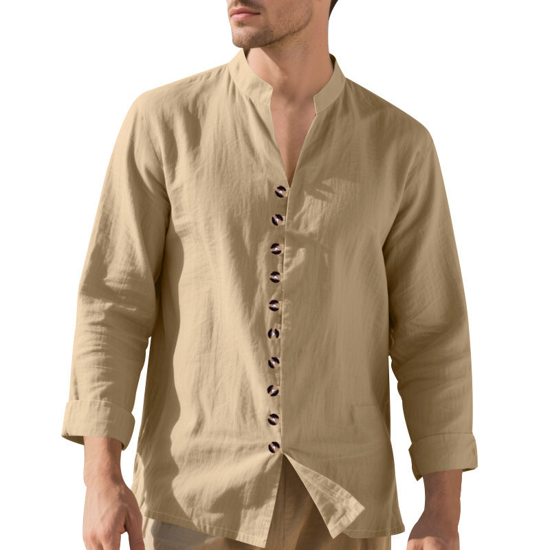 Men's casual long-sleeve shirt with elegant stand collar and chic button details Lisslune