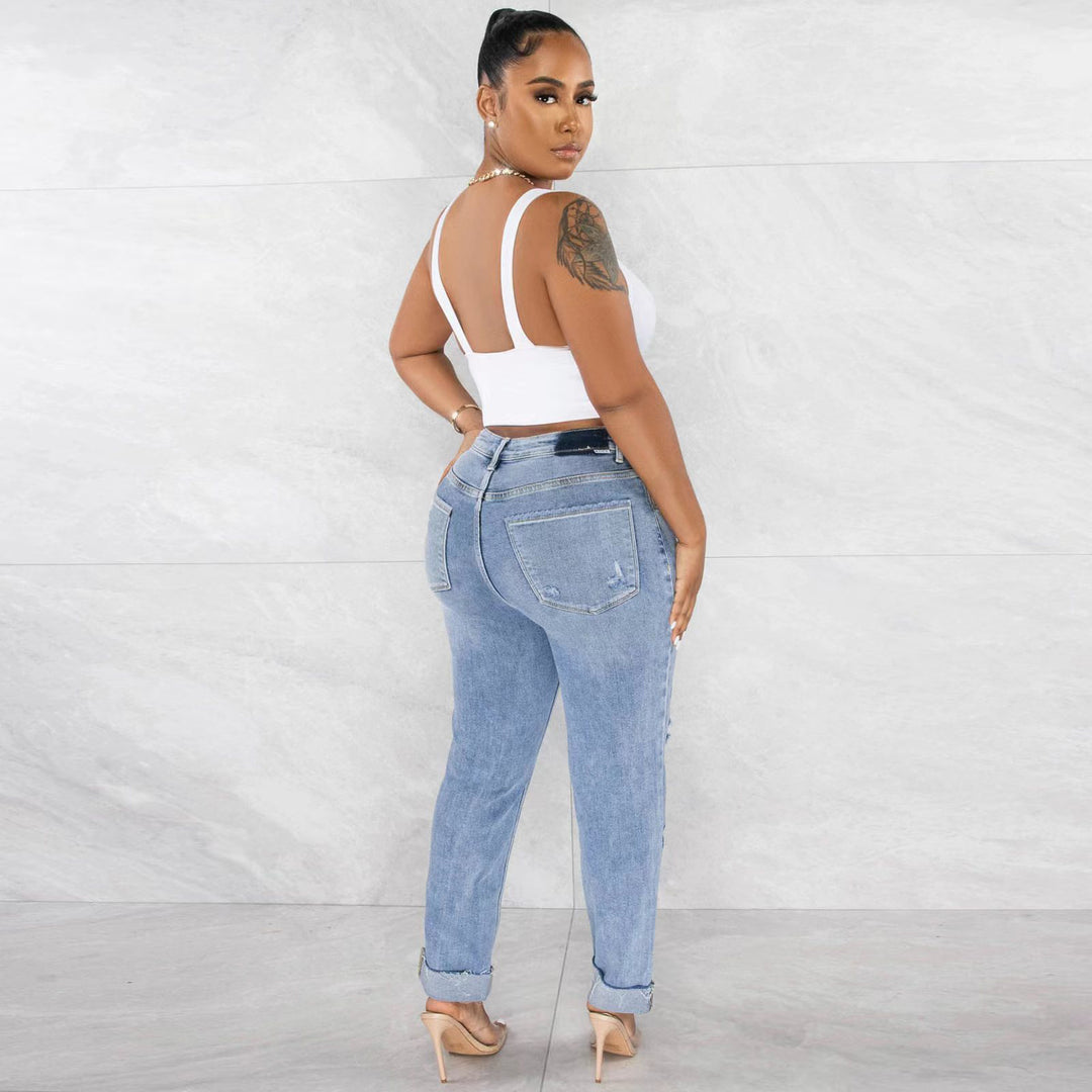 Women's High-Waist Boyfriend Jeans with Frayed Hem and Casual Used Look Lisslune