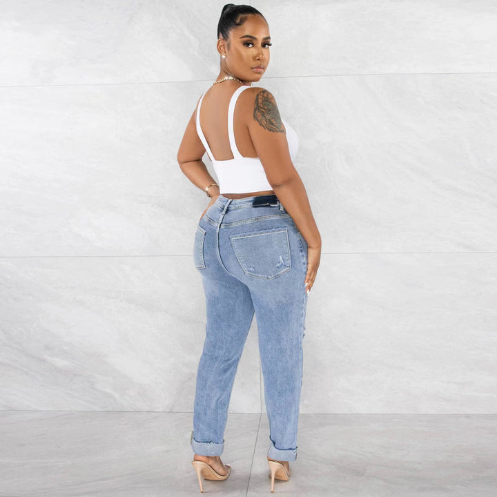 Women's High-Waist Boyfriend Jeans with Frayed Hem and Casual Used Look Lisslune