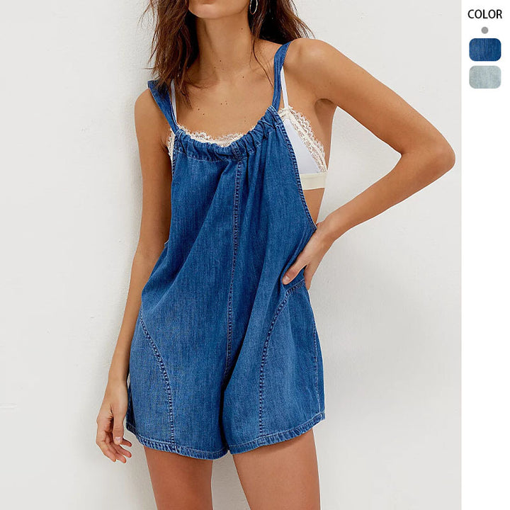 Women's denim jumpsuit with playful cut and adjustable straps