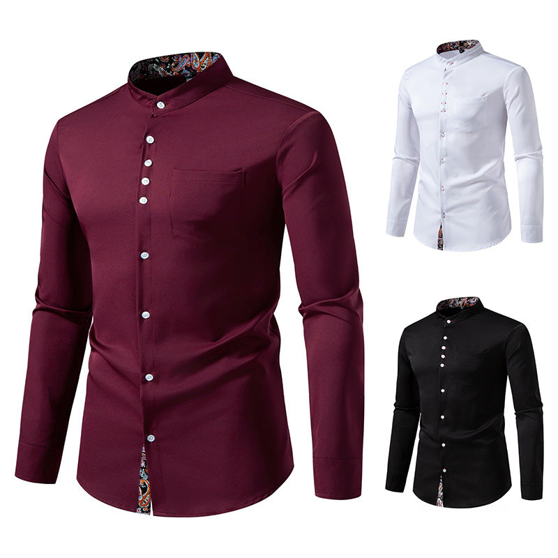 Men's Long Sleeve Shirt with Modern Stand-Up Collar and Paisley Pattern Lisslune