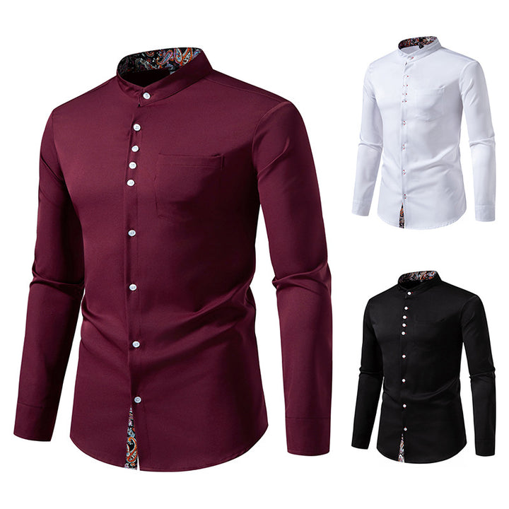 Men's Long Sleeve Shirt with Modern Stand-Up Collar and Paisley Pattern Lisslune