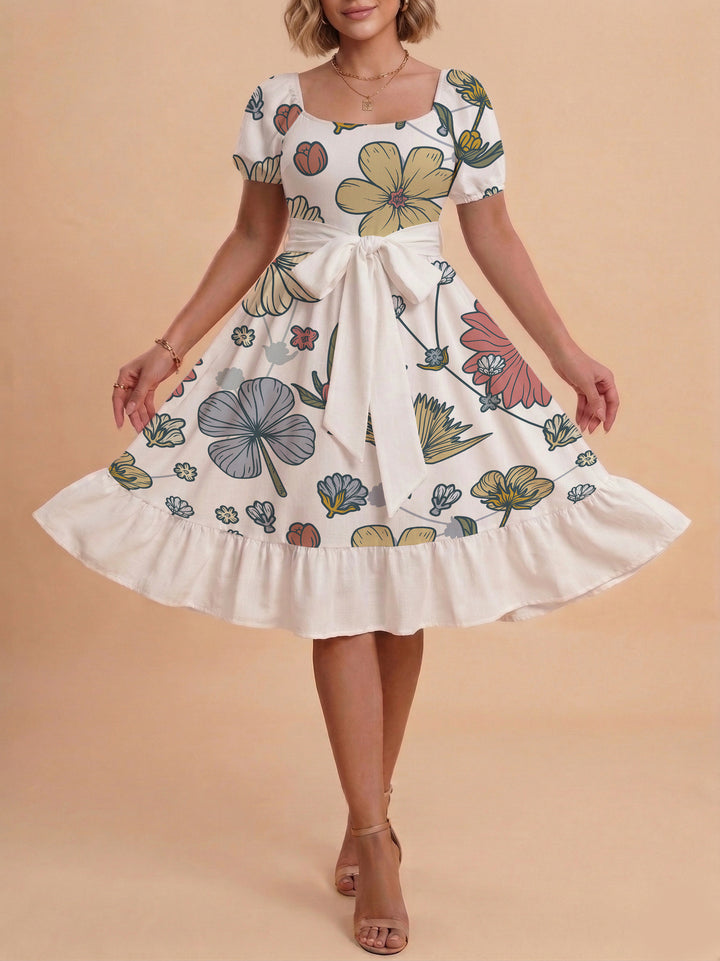 Women's Midi Dress with Elegant Floral Print and Fitted Belt Lisslune