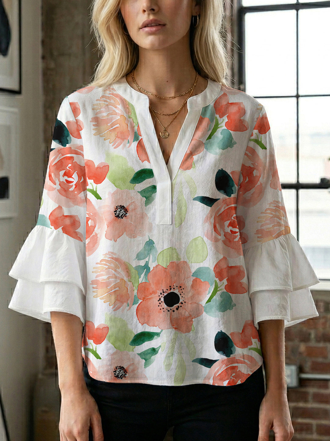Women Elegant Top with Voluminous Puff Sleeves and Floral Print Lisslune