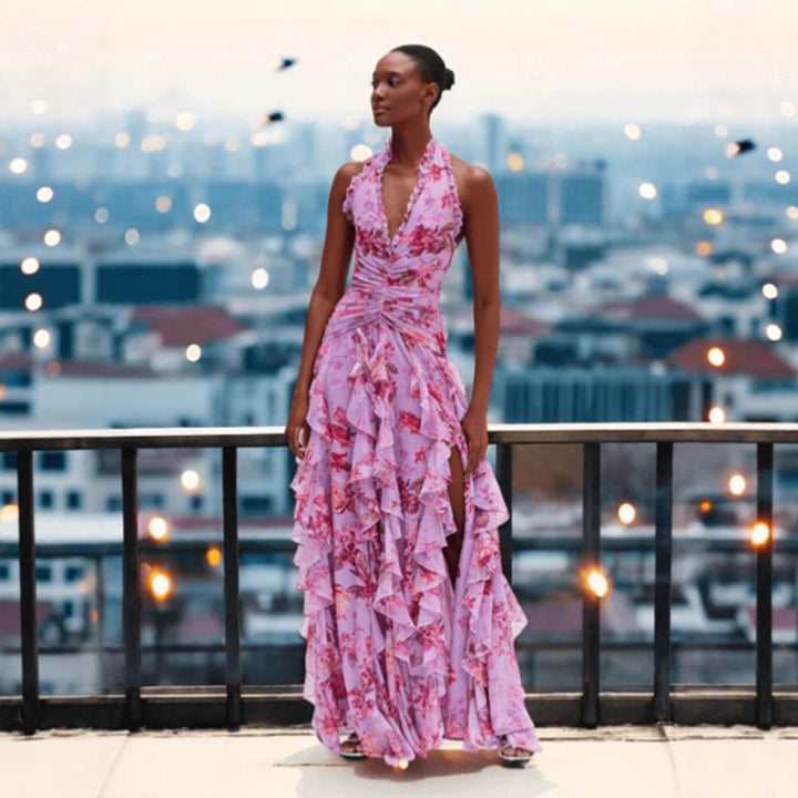 Women's Romantic Maxi Party Dress with Voluminous Ruffle Details