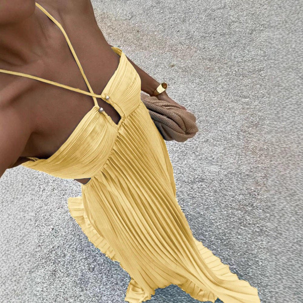 Women's pleated dress with off-the-shoulder design and refined strap details
