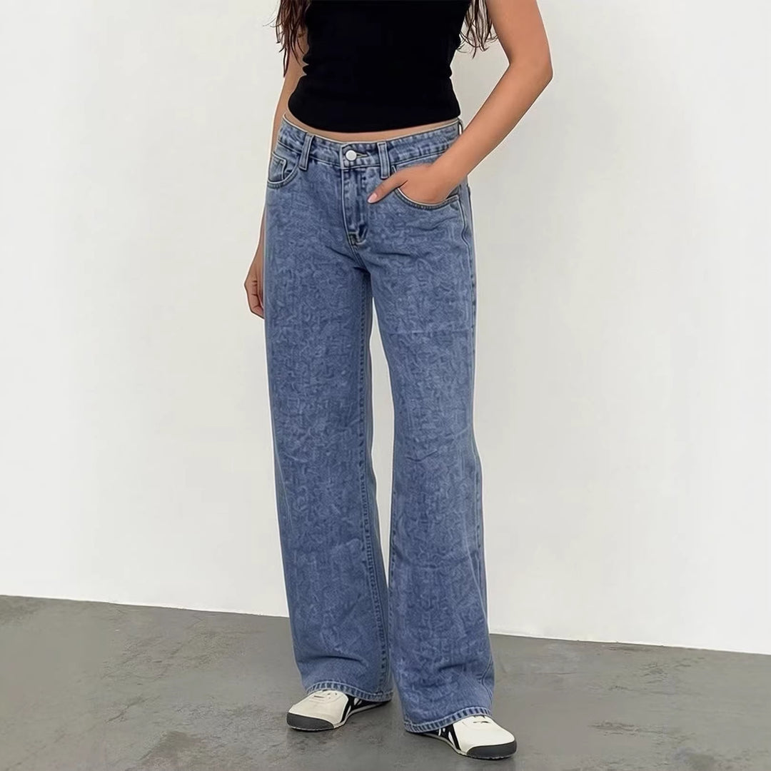 Damen Weite High-Waist Jeans mit klassischem Schnitt und ausgefransten Säumen Lisslune