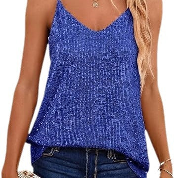 Women's Sparkling Spaghetti Strap Top with V-Neck and Shimmering Details Lisslune