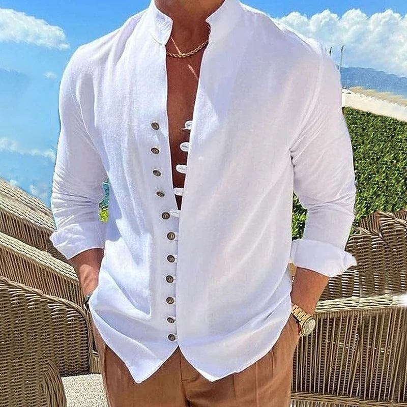 Men's casual long sleeve shirt with stand-up collar and full button placket Lisslune