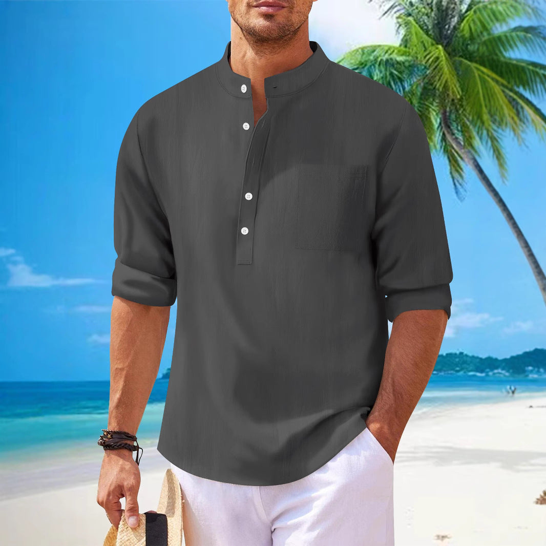 Men's long sleeve shirt with modern stand-up collar and practical chest pocket Lisslune