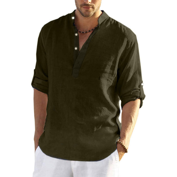 Men's linen shirt with modern stand-up collar and practical button details Lisslune