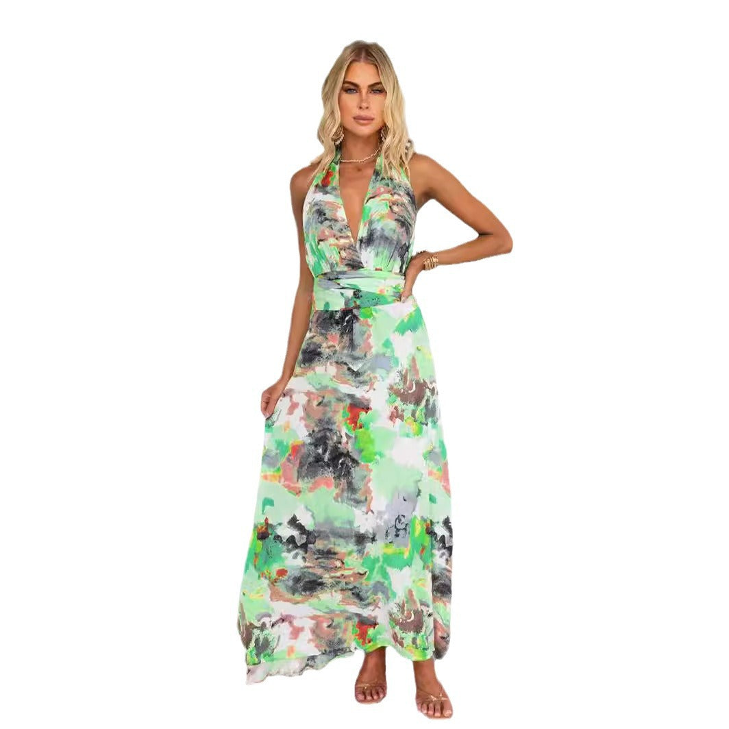 Ladies maxi dress with deep V-neck and elegant tie belt Lune London