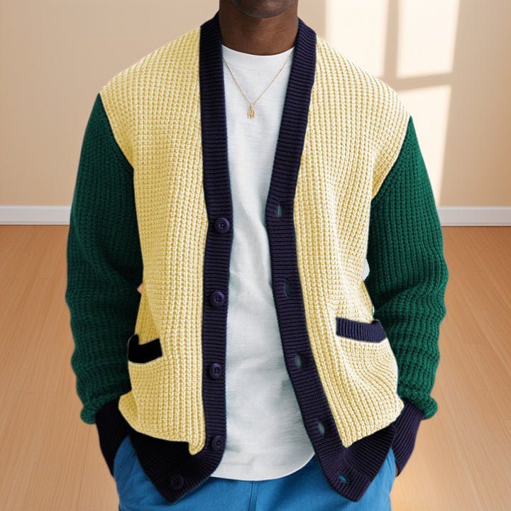 Men's Casual Cardigan in Modern Waffle Pattern with Contrast Sleeves and Practical Pockets Lisslune