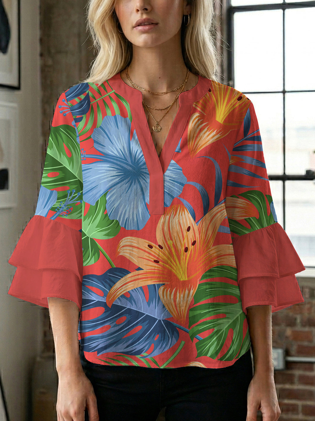 Ladies elegant top with voluminous ruffle hems and floral design Lisslune