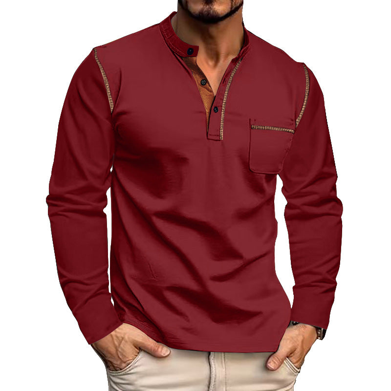Men's long sleeve shirt with casual stand-up collar and contrasting accents Lisslune
