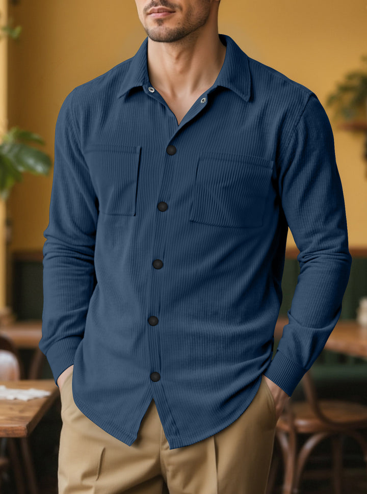 Men's long-sleeve shirt with textured cord pattern and practical chest pockets Lisslune