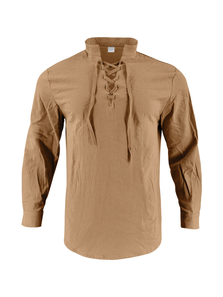 Men's casual long-sleeve shirt with innovative lacing and modern stand-up collar Lisslune