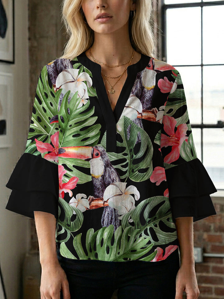 Ladies blouse with voluminous ruffled sleeves and floral print Lisslune