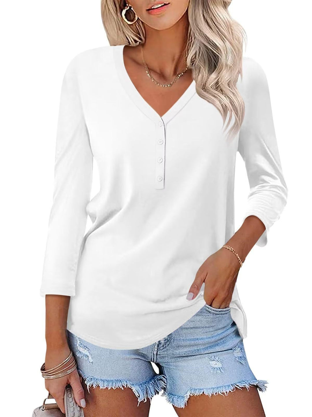 Women Long Sleeve Shirt with Button Placket and V-Neck Lisslune