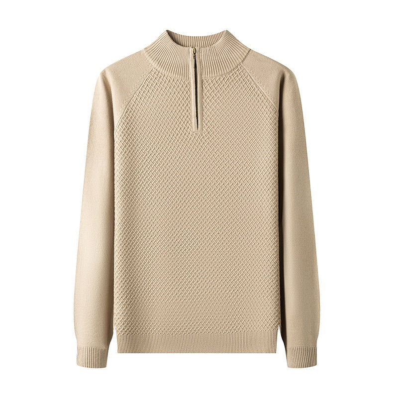 Men's Fine Knit Pullover with Textured Surface and Short Zipper Lisslune
