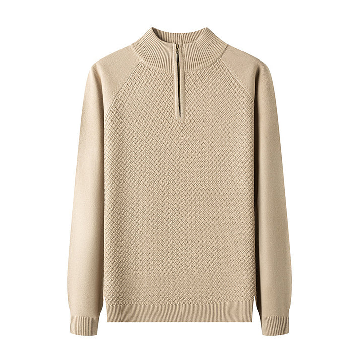 Men's Fine Knit Pullover with Textured Surface and Short Zipper Lisslune