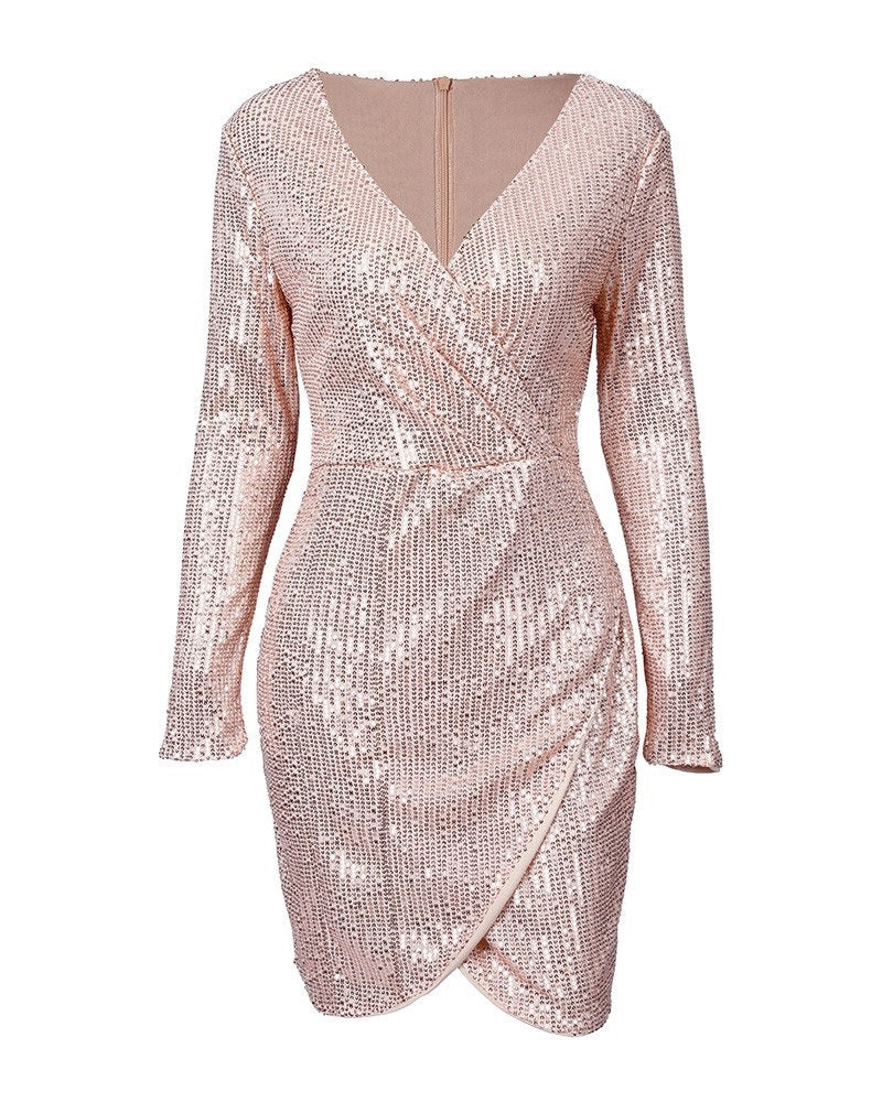 Ladies Glamorous Sequin Shift Dress with Deep V-Neck and Long Sleeves Lisslune