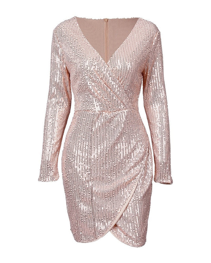Ladies Glamorous Sequin Shift Dress with Deep V-Neck and Long Sleeves Lisslune