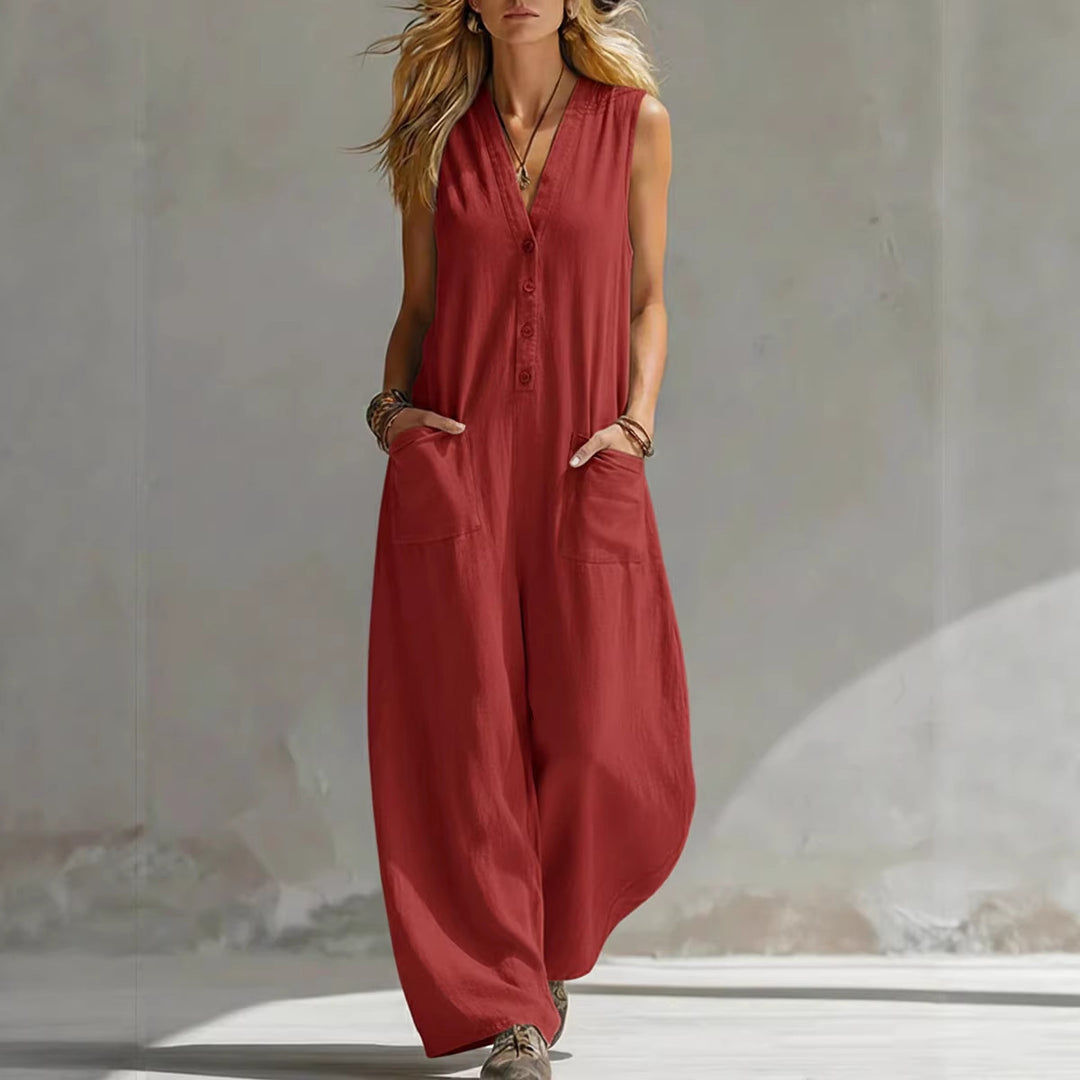 Damen Jumpsuit mit tiefem V-Ausschnitt und praktischen Taschen Lisslune