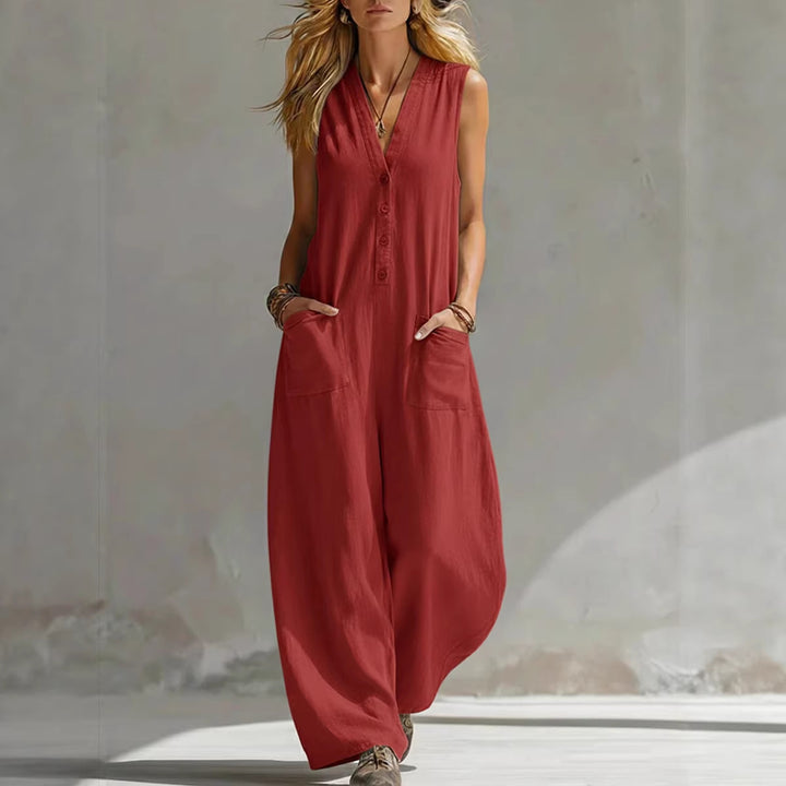 Damen Jumpsuit mit tiefem V-Ausschnitt und praktischen Taschen Lisslune