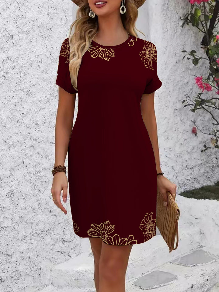 Women Short Sleeve Dress with Floral Line Pattern Lisslune